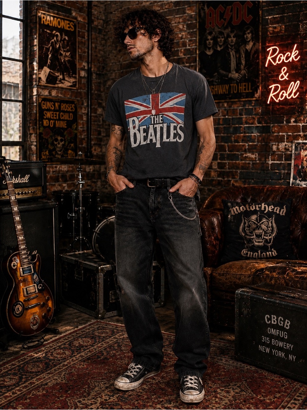 The Beatles Union Jack Graphic T Shirt Charcoal Gray Rock Band Tee Mens